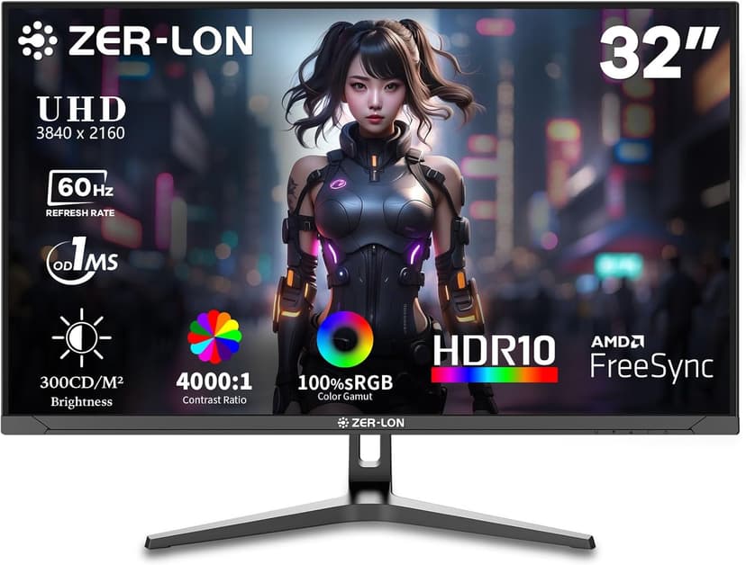 32 Inch 4K UHD (3840 x 2160) Computer Monitor, IPS 60Hz Ultra-Clear Screen, 100% sRGB, Eye Saver/Flicker Free Mode, FreeSync, Built-in Speaker, HDMI2.0 x2, DP1.4 x2