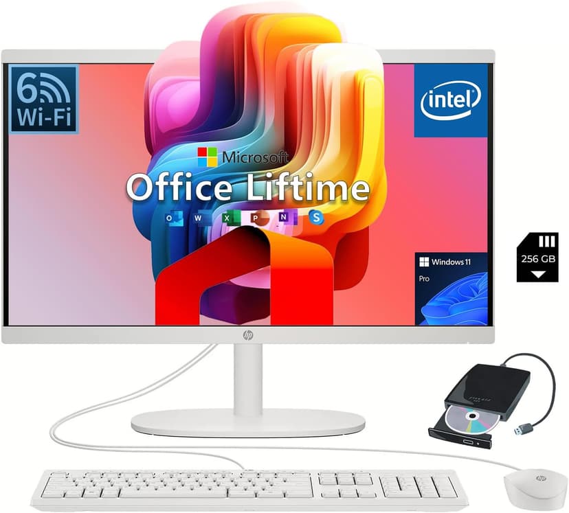 HP 21.5-inch All-in-One Desktop PC - Microsoft Office Lifetime - Free CD/DVD Drive - Wi-Fi 6 - FHD Display - 720P Webcam - Intel Celeron Dual-Core - for Everyday Study & Work Use (16GB RAM, 1TB SSD)