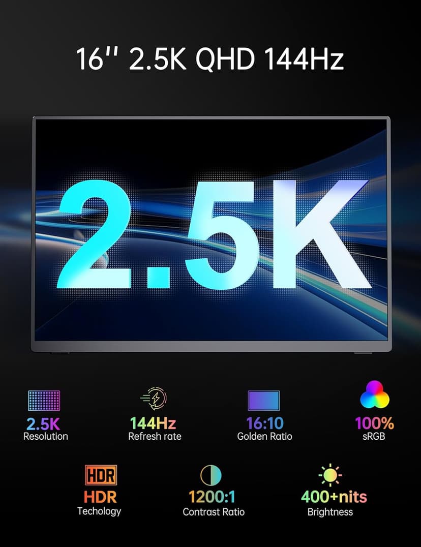 Portable 2K 144Hz Monitor, 16" 2560x1600 QHD Gaming HDR FreeSync, Ultra Slim Travel Screen w/Kickstand & Speaker for Laptop Switch Xbox PS5/4