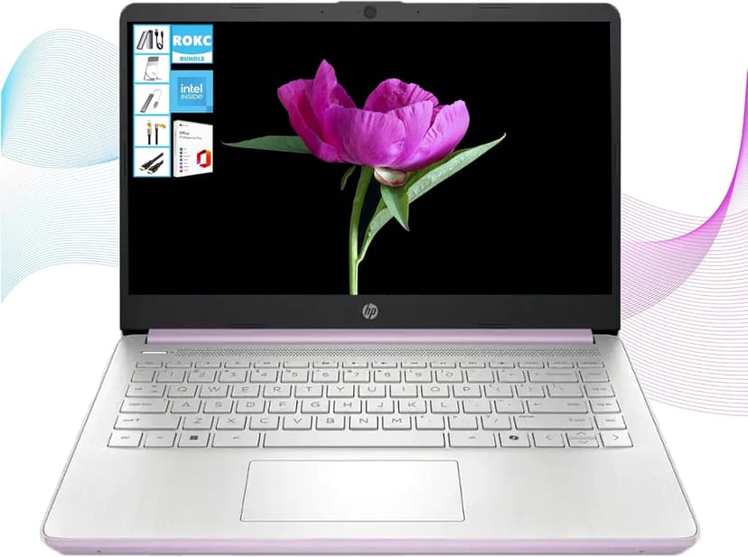 HP AI-Powered 14" HD Laptop with Microsoft Office and 1TB Cloud Storage Included for 1-Year| 16GB RAM|128GB SSD & 128GB Portable SSD| Intel 4-Core CPU| Webcam|Ultra Light| Windows 11| RK Bundle|Purple