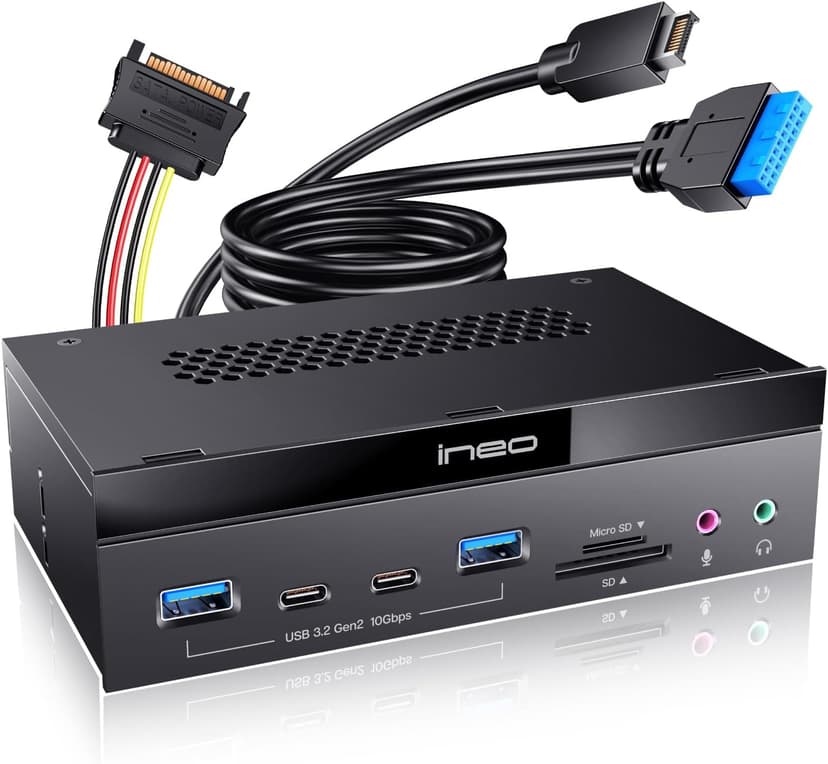 ineo 5.25" 10Gbps USB 3.2 Front Panel Card Reader with Audio Ports - SD/microSD Internal Reader, USB3.2 Type-E Key-A 20-Pin & USB3.0 Header, 15-Pin SATA Power[3570I]
