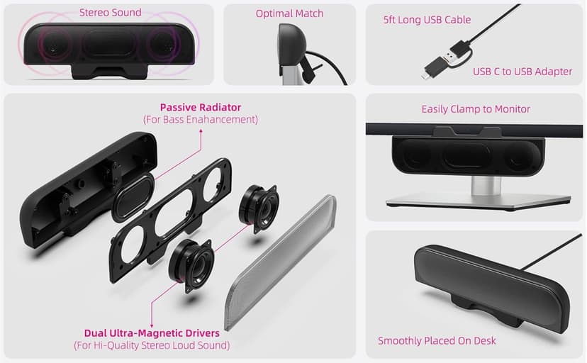 Computer Speakers for Desktop PC, Monitor Speakers, USB Plug-in, Wired, External Speaker for Laptop, Small Computer Soundbar for PC, with Loud Sound, Deep Bass, USB-C Adapter, Easily Clamp to Monitor