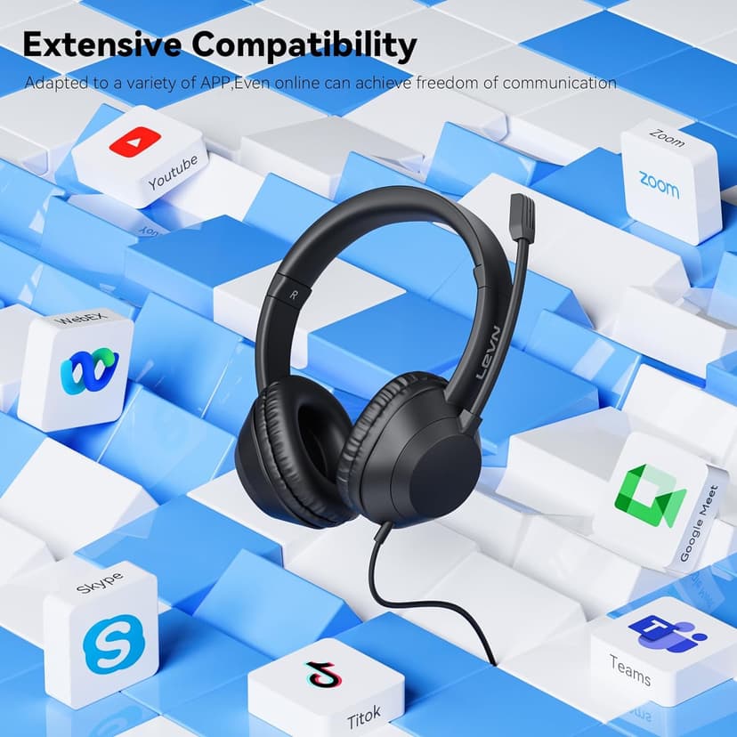 LEVN Headset with Mic, USB Headset with Microphone for PC, Headphones with Mic for Pc with Noise Canceling Microphone for Laptop, USB Headphones for Work from Home/Call Center/Open Office, Black
