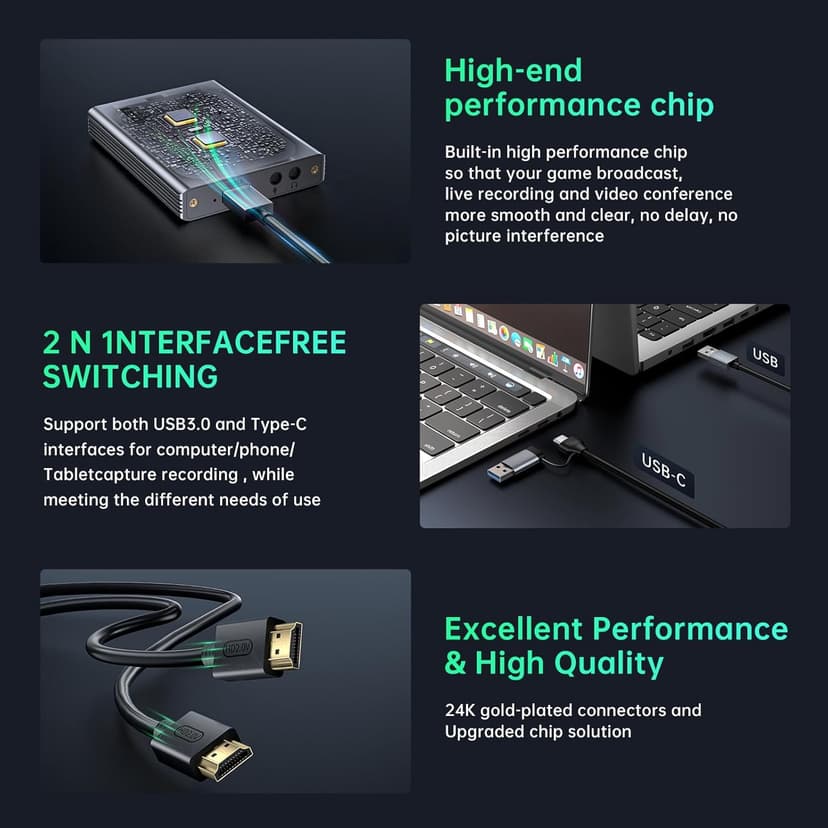Video Capture Card, Audio Video Capture Card, USB 3.0 Capture Card 4K HDMI Loop-Out, 1080P 60FPS/2K 30FPS Videogame Capture for Streaming, Works forPS5/Switch/Camera/PC