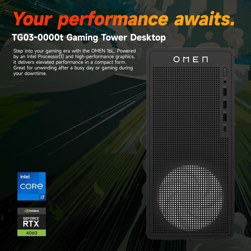 HP OMEN 16L i7 RTX 4060 Gaming Desktop, Intel i7-14700F(Beats i9-12900F), NVIDIA RTX 4060, 32GB DDR5 RAM, 2TB SSD, DP, RJ-45, Wi-Fi 6, Bundle with Machenike K500B-B87 Gaming Keyboard