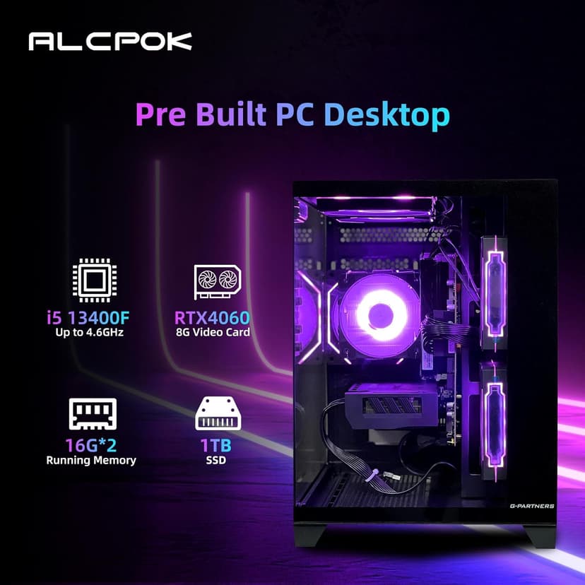 Gaming PC Desktop Computer,Intel Core i5 13400F,RTX 4060 8G,32GB DDR4 RAM 1TB SSD,ARGB Fan,Prebuilt Computer Tower for Gaming and Office