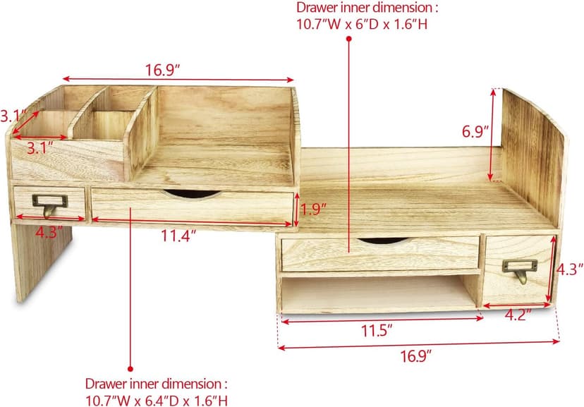 Ikee Design Large Extendable Wooden Desktop Organizer For Office Supplies, Storage Shelf Rack Book Shelf, Stationary Compartment Holder, Back to School, 17 1/4 W x 7 1/2 D x 12 H in