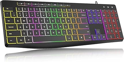 Computer Keyboard Wired,7-Color Rainbow LED Backlit, Quiet Light Up Keyboard with Multimedia Keys,Low Profile Chiclet Keys,Large Number Pad,Spill-Resistant, Anti-Wear Letters for Windows Mac PC Laptop