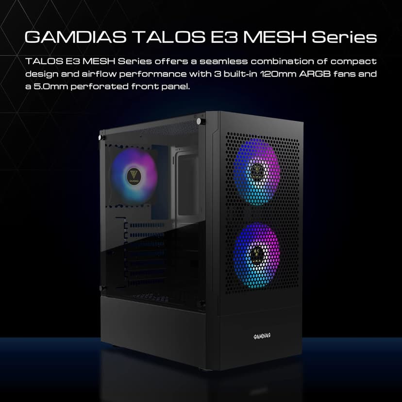 GAMDIAS Gaming ATX Mid Tower PC Computer Case with Tempered Glass, 3 Built-in 120mm ARGB Desktop Case Fans, Support Up to 360mm AIO/Radiator, 5x 120mm Fans, 300mm GPU/VGA, 150mm PSU & 160mm CPU Cooler
