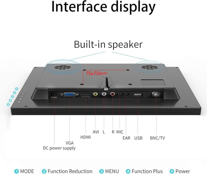 13.3 inch Small PC Monitor 1366x768 Mini LED Monitor with HDMI VGA AV BNC USB Intput, for Fire Stick Computer Xbox Ras pi, Built-in Speaker
