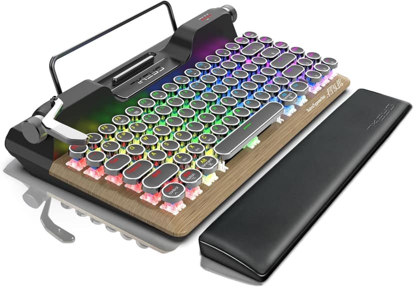 7KEYS Retro Typewriter Mechanical Gaming Keyboard, Vintage Style Computer Keyboard with Round Keycaps, Wireless Bluetooth5.0 and Wired/2.4G, True RGB Backlight, Compatible with PC/Laptop/Tablet/Phone