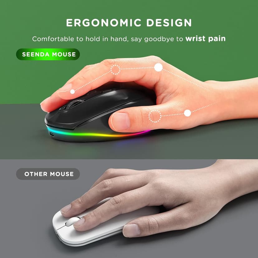 seenda Rechargeable Wireless Mouse -Light Up Mouse for Laptop, Small Cordless Mice with Quiet Click & LED Lights for Kids' Chromebook, Windows, Mac PC Computer - Black