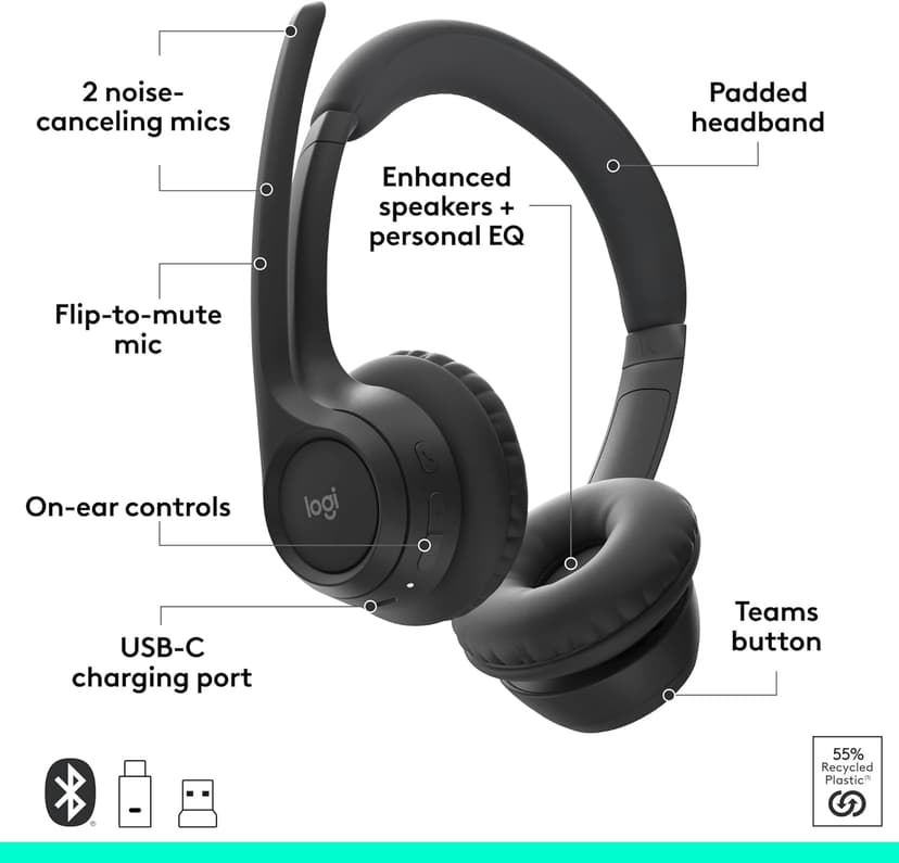 Logitech Zone 305 for Business, Wireless Bluetooth Headset with Microphone, for Microsoft Teams, Compatible with Windows, Mac, Chrome, Linux, iOS, iPadOS, Android