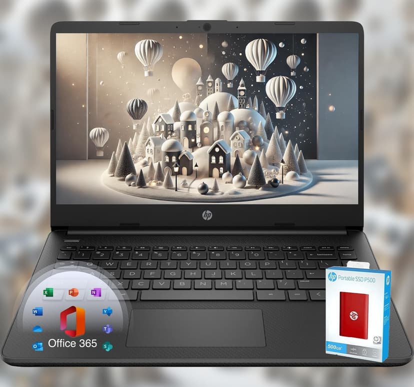 HP 14 Laptop • Back to School Limited Edition with Microsoft 365 • 4-Core Intel CPU • 16GB RAM • 1.6TB Storage (128GB OnBoard + 512GB P500 Portable SSD + 1TB OneDrive) • Black • Win 11