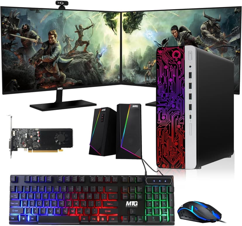 TechMagnet HP G3 Gaming Desktop PC, Core i7 6th Gen, GT 1030 Graphic, 16GB RAM, 1TB SSD | 2TB HDD, New Dual MTG 24-inch Monitor, RGB Keyboard Mouse, Speaker, Webcam, WiFi, Windows 11 Pro (Renewed)
