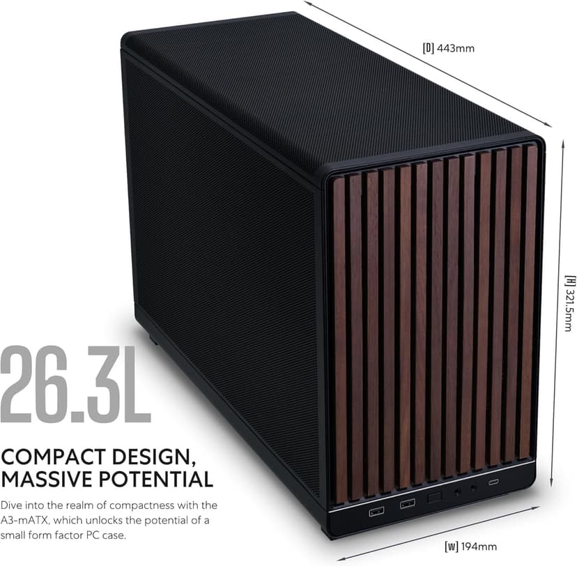 Lian Li A3-mATX-WD-26.3L Micro Form Factor Chassis-No Fans Included-Supports 360mm AIO-Modularity Design-for M-ATX, ITX Motherboard-DAN Cases Collaboration-Wood Front Panel-Black (A3X-WD)