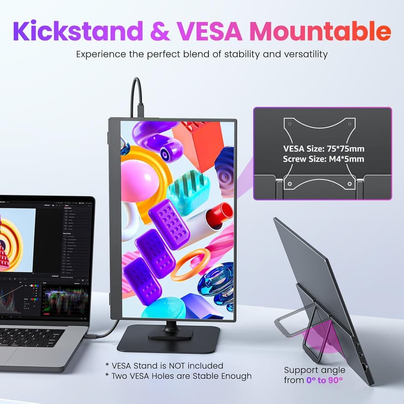 Portable Monitor 15.6 Inch FHD 1080P HDR IPS Travel Monitor with Speakers HDMI Dual USB-C Portable Screen for MacBook Laptop Desktop Surface Xbox PS4 with Kickstand, VESA Compatible