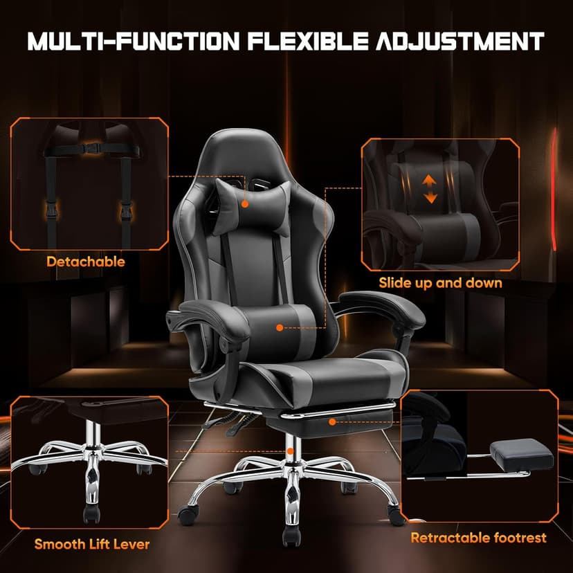 Sweetcrispy Video Game Desk Chair - Ergonomic Computer with Footrest and Comfy Lumbar Support, PU Leather Recliner with Headrest, Fixed Up Armrest, Height Adjustable with 360° Swivel, for Adults, Grey