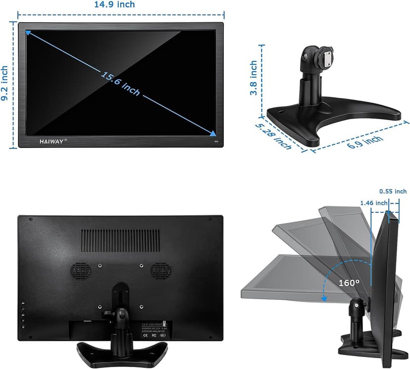 15.6 Inch Small HDMI Monitor, 1366x768 Resolution Security CCTV Monitor with HDMI BNC VGA AV USB Ports, Built-in Speakers LED Monitors for PC, Laptop and Computer for Home Office Warehouse