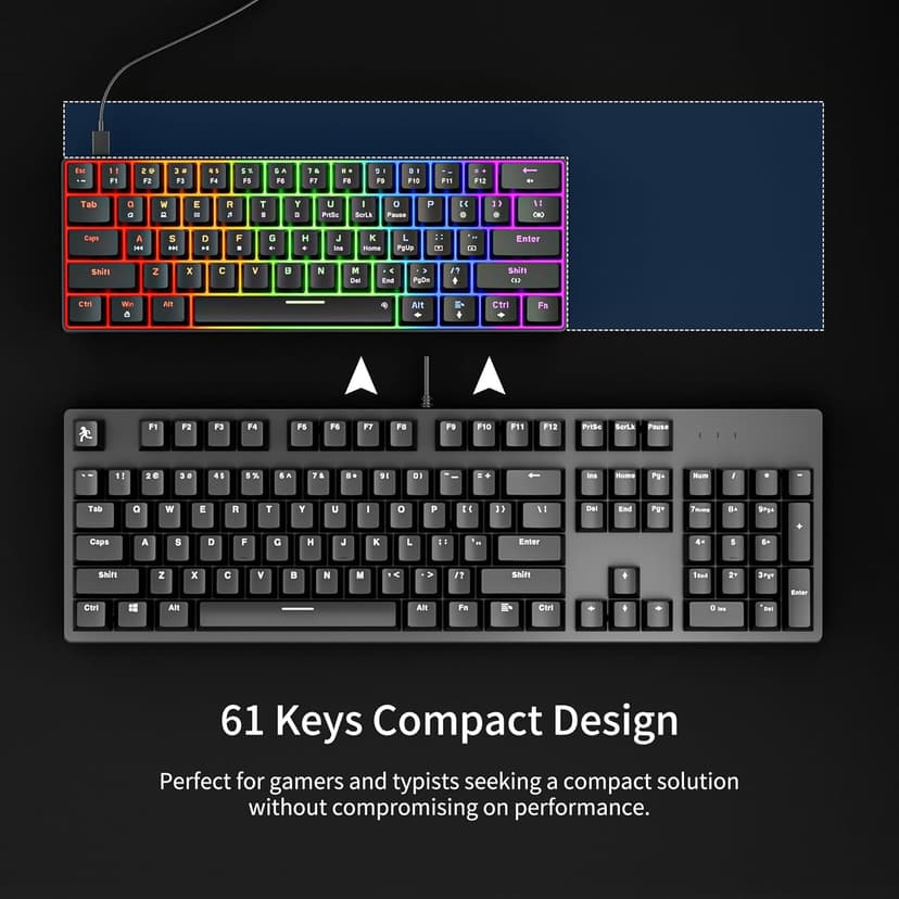 Newmen GM611 Mechanical Keyboard,Rainbow LED Backlit Gaming Wired Keyboards Compact Mini 61 Keys Portable 60 Percent Mechanical Keyboard with Black Keycaps,for Windows Laptop PC Linear Red Switches