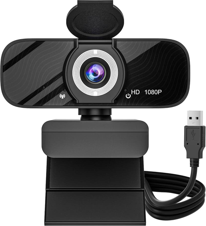 USB HD Webcam with Built-in Microphone and Rotatable Tripod, 1080P Video, Wide Angle Camera, Privacy Cover, for Desktop PC or Laptop Computer - 1（Black）
