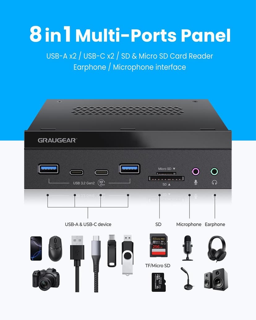 GRAUGEAR 5.25 Inch 10Gbps USB 3.2 PC Front Panel Card Reader with Audio Ports, SD/microSD Internal Card Reader, USB3.2 Type-E Key-A 20-Pin Header & USB3.0 Header & 15-Pin SATA Power Connector Required