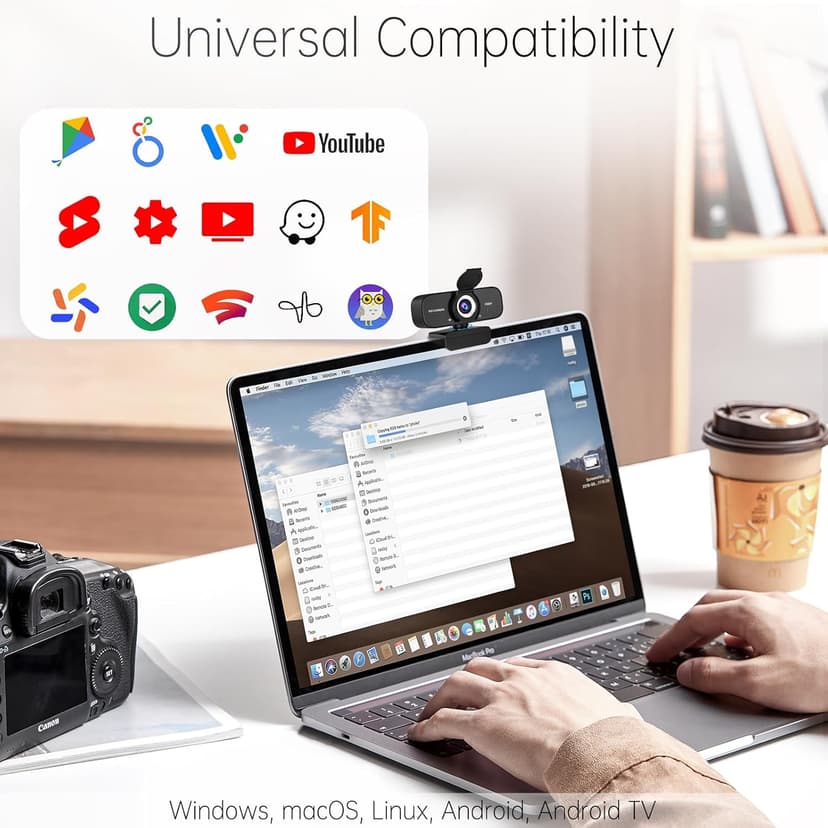 Full HD Webcam with Built-in Microphone and Rotatable Tripod, 1080P Video and Wide Angle Camera, Privacy Cover, for Desktop PC Laptop Computer Black