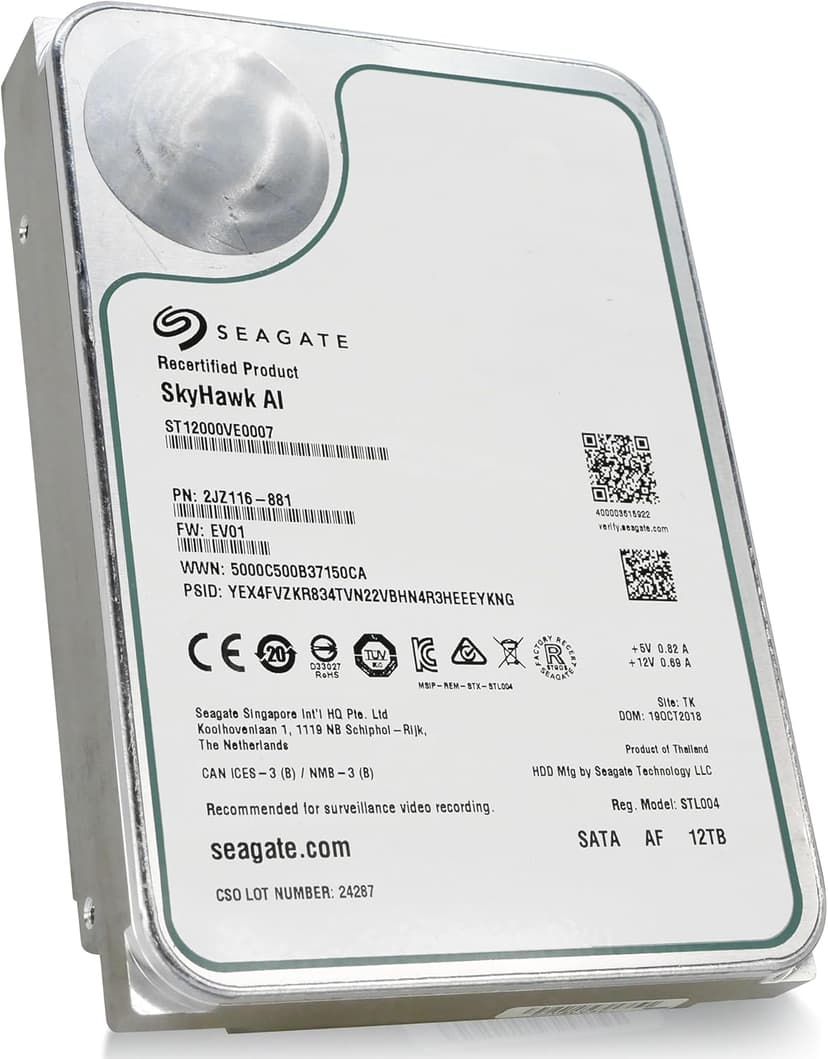 Seagate Skyhawk AI 12tb HDD 3.5 Inch SATA 6Gb/s 7200PRM 256MB Cache for NAS Internal Hard Drive for DVR NVR Security Camera System AI Application Optimization (Renewed)