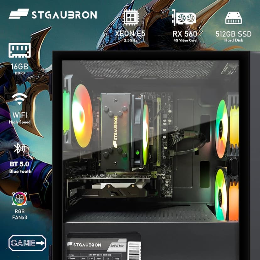 STGAubron Gaming PC Computer Desktop, Radeon RX 560 4G, Intel i7 Xeon E5 up to 3.0GHz, 16GB RAM, 512GB SSD, WiFi, BT 5.0, RGB Fan x3, Windows 10 Home for Gamer, Streaming