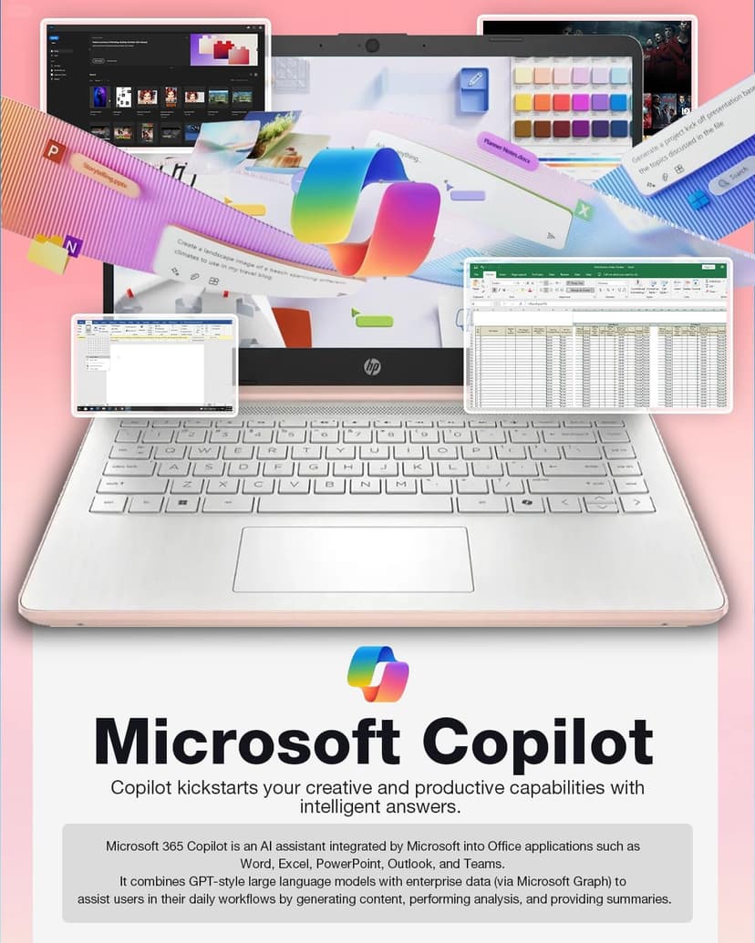 HP 14" Thin&Light Laptop Computer - Intel 2025 Quad-core CPU • Windows 11 Pro & Free Microsoft Office Pro • Wi-Fi 6 • Copilot • Pale Rose Gold • 1.47 Kg • 16GB RAM, 128GB UFS + 256GB Micro SD Card