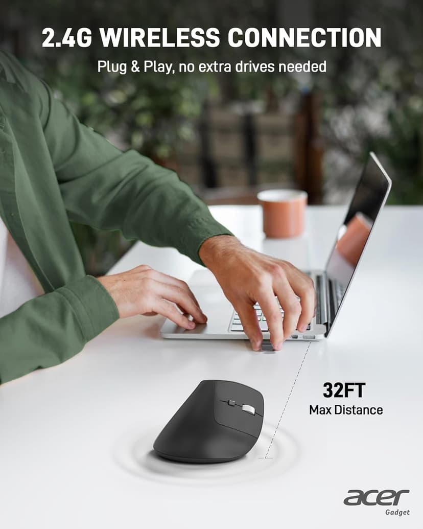 acer Ergonomic Mouse Wireless, 1000/1200/1600 Adjustable DPI Vertical Mouse with 6 Buttons, Rechargeable Ergo Mice with 2.4GHz USB Receiver for Computer, Laptop, PC, iMac and Desktop