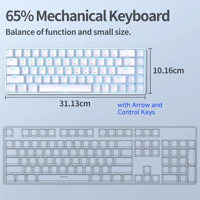 TMKB T68SE 60% Mechanical Gaming Keyboard – Ultra-Compact 68 Keys Wired Keyboard with Blue Switches, LED Backlit, Dedicated Arrow & Control Keys – White – for Windows PC/Laptop/Gamers/Typists