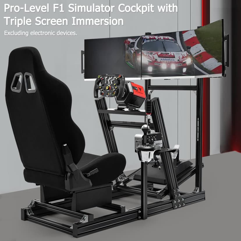 Supllueer 8040 Aluminum Racing Simulator Cockpit with 3 Monitor Stand and Black Seat,Universal and adjustable Cockpit, Compatible with Logitech/Thrustmaster/Fanatec/Moza Direct Drive Motors Wheels