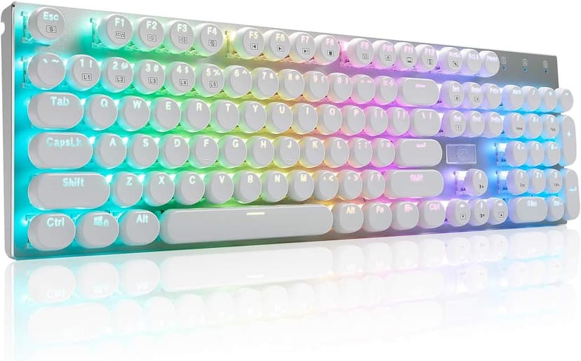 HUO JI E-Yooso Z-88 Wired Typewriter Style Mechanical Gaming Keyboard, Programmable RGB Backlit, Blue Switches - Clicky, USB-C Cable, Metal Panel, 104 Double-Shot Keycaps for PC, White