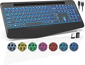 Wireless Keyboard with 7 Colored Backlits, Wrist Rest, Phone Holder, Rechargeable Ergonomic Computer Keyboard with Silent Keys, Full Size Lighted Keyboard for Windows, MacBook, PC, Laptop (Black)