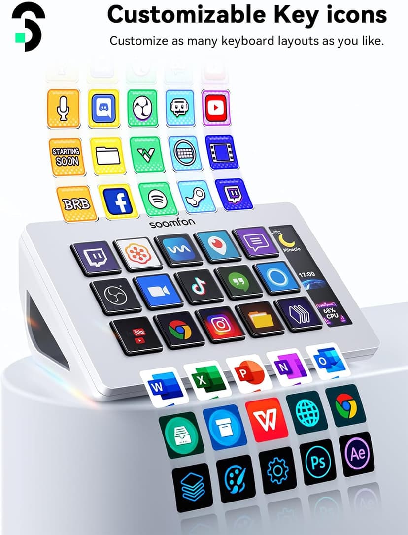 SOOMFON Stream Controller Stream Control Deck with 15 LCD Macro Keys Customizable for Content Creators Streaming Gaming to Trigger Actions in OBS, YouTube, Twitch and More, Compatible with PC & MAC