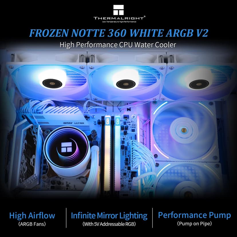 Thermalright Frozen Notte 360 White ARGB V2 Water Cooling CPU Cooler, 360 Specification CPU Liquid Cooler,3 PWM Fans, S-FDB Bearings, Suitable for AMD:AM4/AM5, Intel LGA 1851/1700/115X/1200/2011