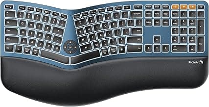 ProtoArc Backlit Bluetooth Ergonomic Keyboard, EK01 Plus Full Size Wireless Split Keyboard with Dual Bluetooth and USB, Cushioned Wrist Rest, Rechargeable, Compatible with Windows/Mac/Android, Blue