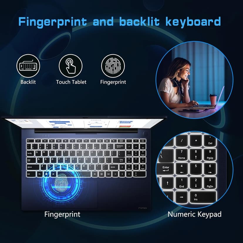 NIMO 15.6 IPS FHD-Laptop, 16GB RAM 1TB SSD Intel Pentium Quad Core N100, Computer with Backlit Keyboard Fingerprint (Beat to i3-1115G4 Up to 3.4GHz) Laptops for Student, Win 11 Blue