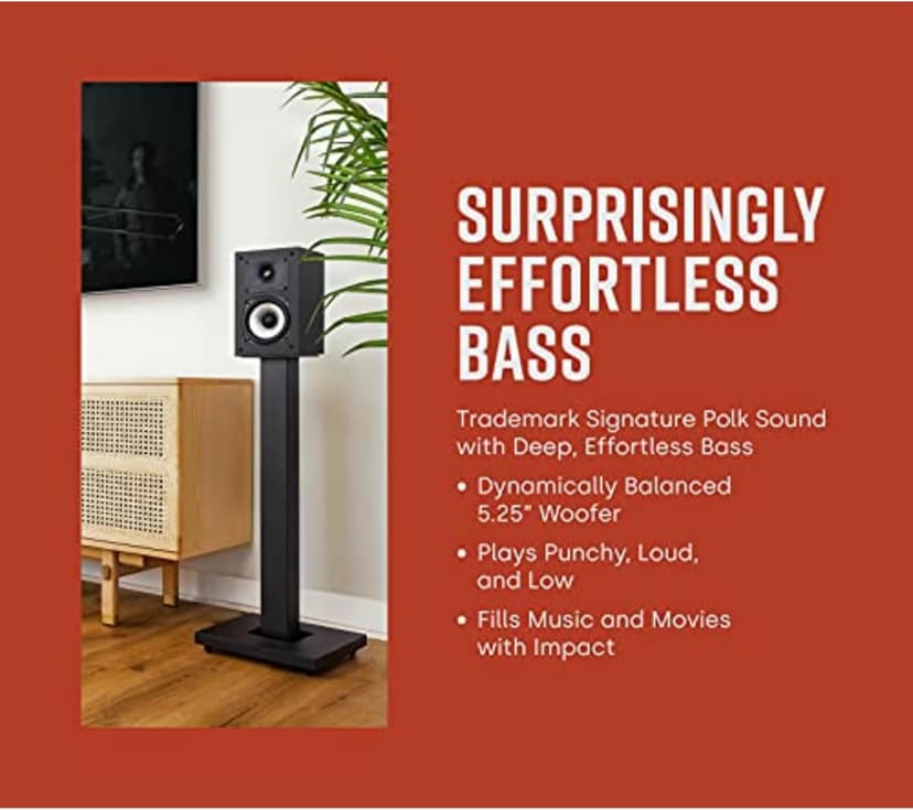 Polk Monitor XT15 Pair of Bookshelf or Surround Speakers - Hi-Res Audio Certified, Dolby Atmos & DTS:X Compatible, 1" Terylene Tweeter & 5.25" Dynamically Balanced Woofer (Pair, Midnight Black)