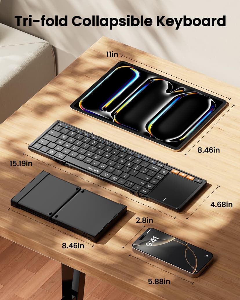 ProtoArc Foldable Keyboard with Touchpad, XK01 TP Folding Portable Keyboard, Full Size Keys, Large Trackpad Bluetooth Travel Keyboards for iPad Laptop PC Tablets -Black