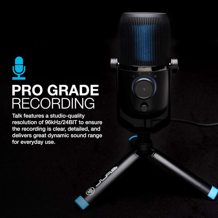 JLab Talk USB Microphone, USB-C Output, Cardioid, Omnidirectional, Stereo or Bidirectional, 96k Sample Rate, 20Hz, 20kHz Frequency Response, Volume, Gain Control, Quick Mute, Plug & Play