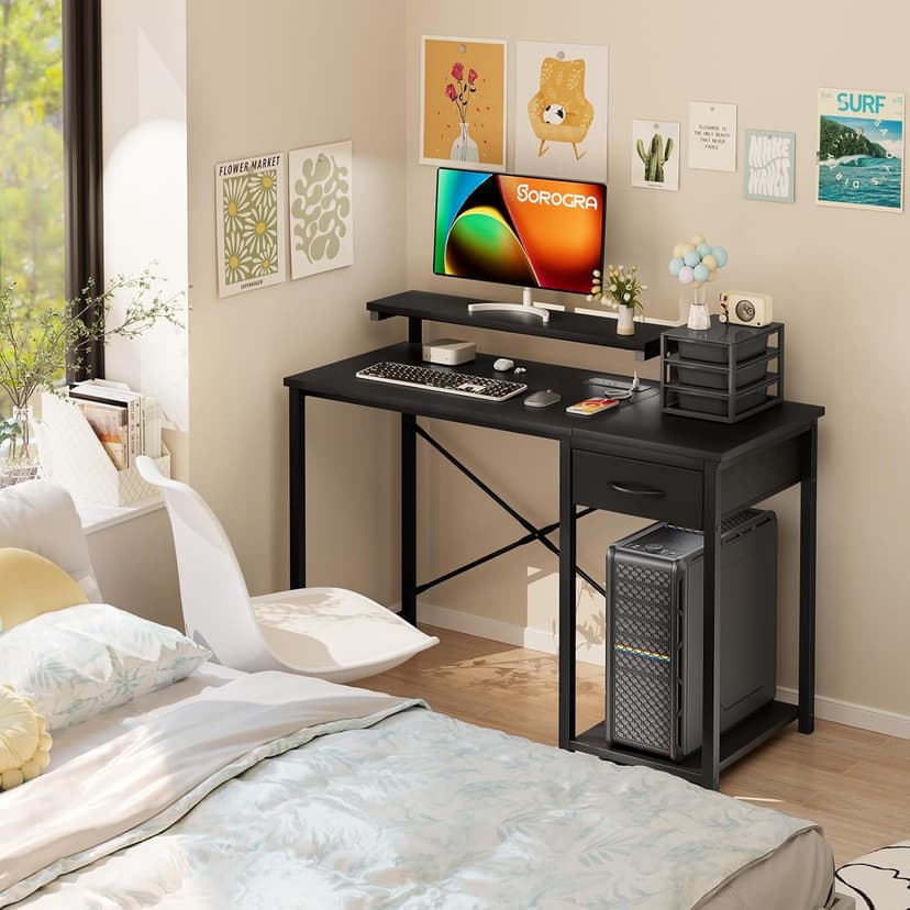 Computer Desk with Adjustable Monitor Stand, 47.2 in Small Desk with Reversible Storage Shelves, Office Desk with Spacious Desktop Spaces for Home Bedroom Workstation, Black