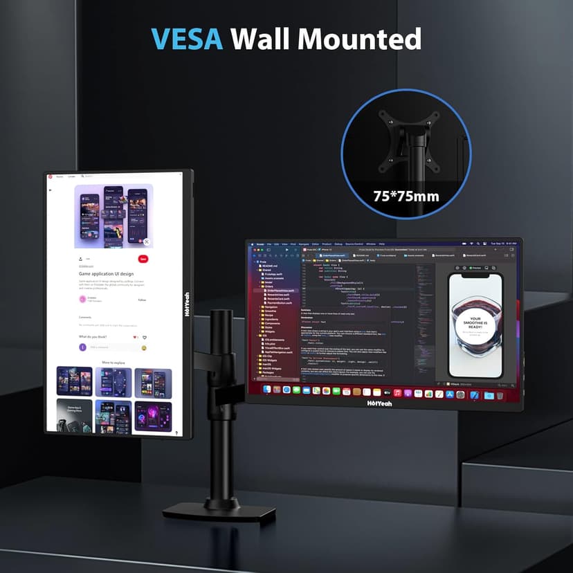 HotYeah Portable Monitor 4K, 15.6'' 3840x2160 UHD USB-C HDMI Laptop Monitor, 100% Adobe RGB HDR FreeSync External Computer Display, Travel 2nd Screen with Speakers & Smart Cover & VESA