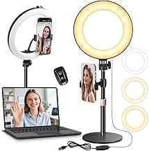 MACTREM 10“ Desk Ring Light with Stand, Desktop LED Circle Halo Light with Phone Holder for Computer Zoom Meeting, Laptop Light for Conference Video Calls, Live Streaming, Podcast, Selfie, Makeup