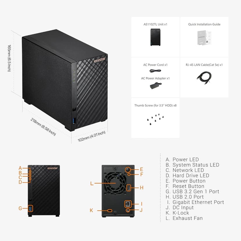Asustor Drivestor 2 Lite AS1102TL, 2 Bay NAS Enclosure Network Storage, 1.7GHz Quad Core, 1GbE Port, 1GB RAM DDR4, Network Attached Storage for Cloud Storage (Diskless)