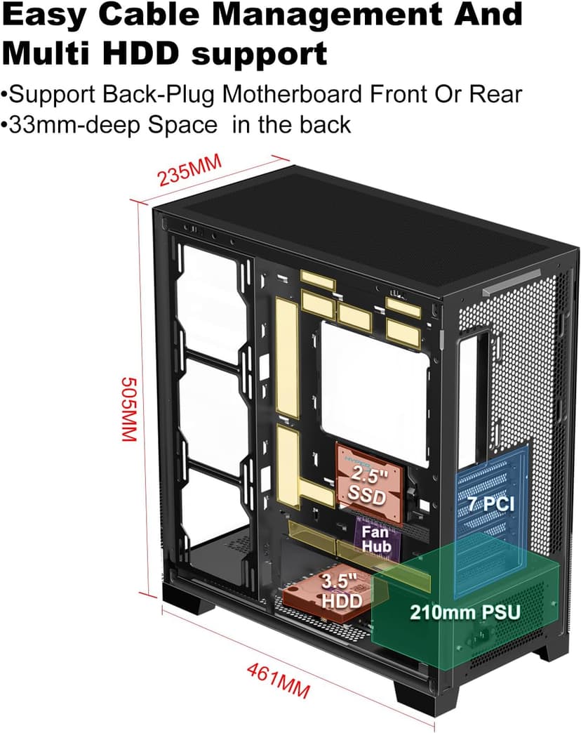 SAMA NEVIEW 4503 Mid Tower PC Case with Dual Tempered Glass Panels, 4×120mm ARGB Fans Pre-Installed, High Airflow ATX PC Case for Case PC Gaming, USB 3.0×2, Type-C Port, Supports Top 360mm AIO – Black