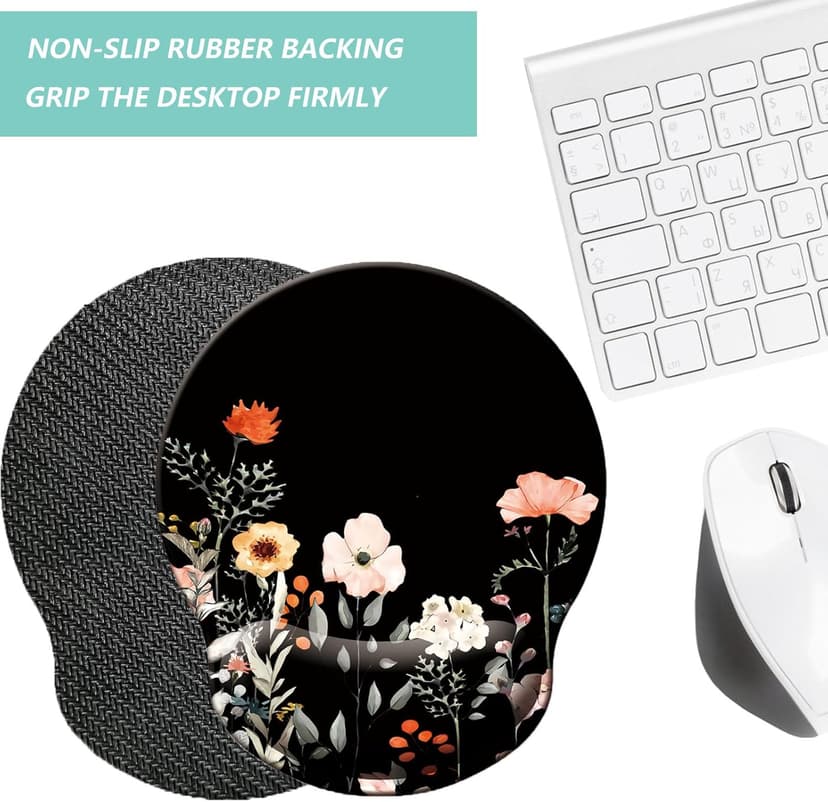 Mouse Pad with Wrist Support, Ergonomic Mouse Pad with Memory Foam Wrist Rest Cushion, Non-Slip Rubber Base Gaming Mice Pad for Home Office Computer Laptop, Flower Black