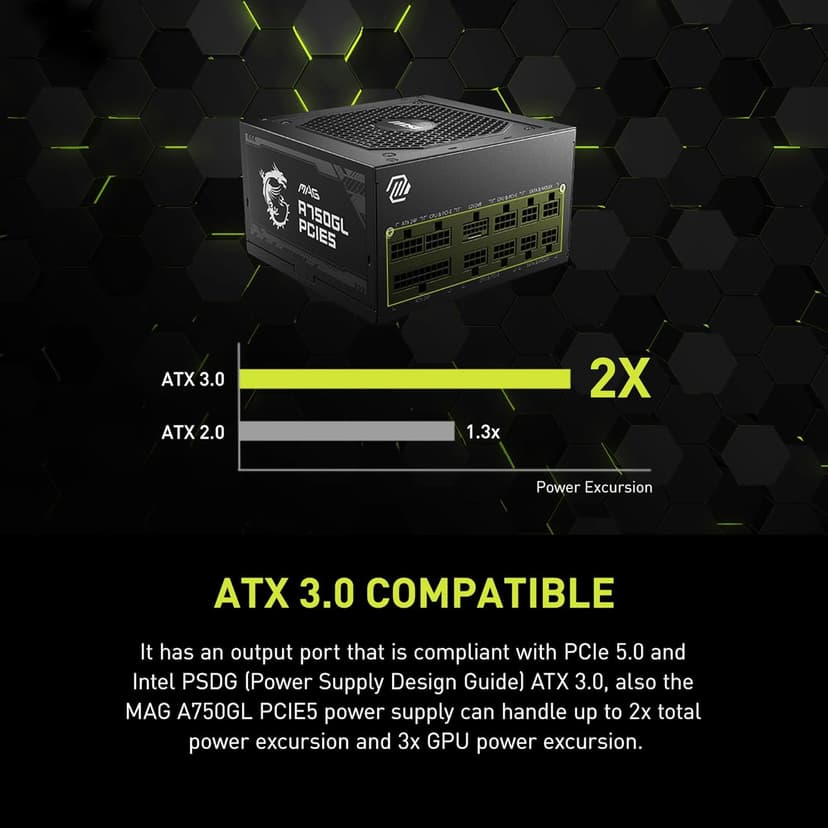 MSI MAG A750GL PCIE 5.1 & ATX 3.1 Gaming Power Supply - Full Modular - 80 Plus Gold Certified 750W - Compact Size - ATX PSU - 10 Year Warranty