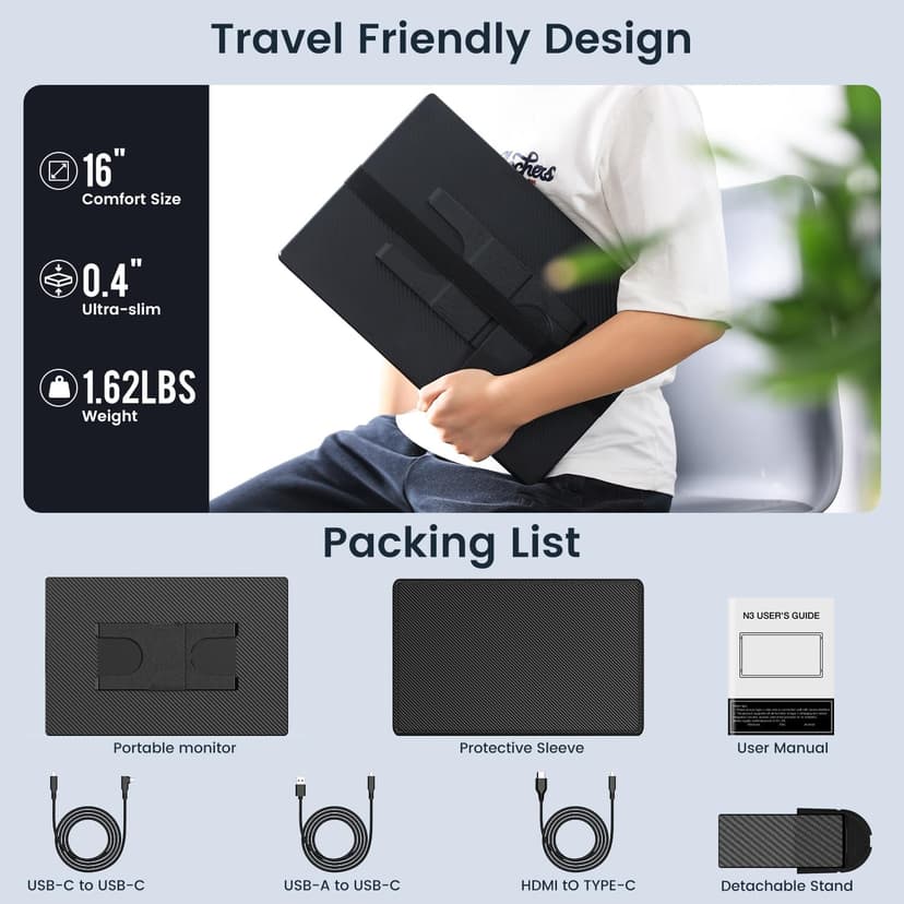 Portable Monitor, 16 Inch FHD 1200P, 360° Rotating Detachable Stand, Plug&Play Travel Monitor for Laptop, Ultra-Thin Zero Frame, Premium Smart Cover, Portable Screen for Laptop/PC/Mac